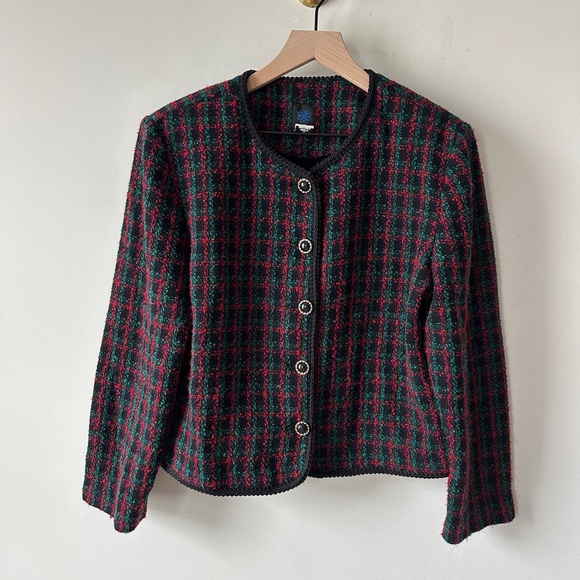 Vintage Red, Black & Green Plaid Boucle Tweed 2 Pc Skirt Suit Sz12 By: Panthers - Picture 4 of 14